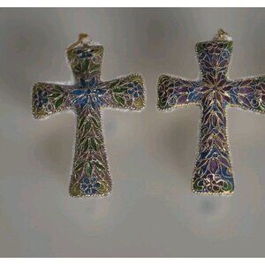 Set (2) Vintage 2” Plique a jour Cloisonne Filigree Cross Pendant Ornaments